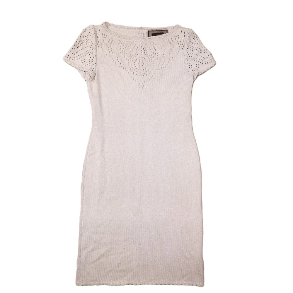 St. John Silver Shimmer Short Sleeve Sweater Midi Dress‎ Women's size 2 NWT